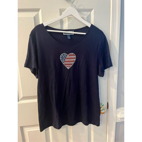 Karen Scott Navy Wide Neck Crystal American Flag  Heart 4th of July T-Shirt sz X - Picture 2 of 4